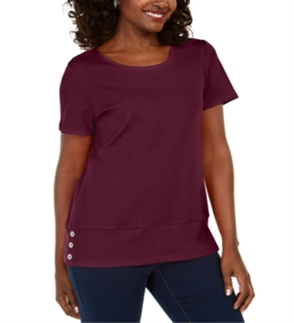 Karen Scott Blusa feminina de algodão com decote redondo e bainha com botões, vermelha, tamanho G