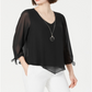 JM Collection Top de chiffon com punho e gravata feminino, preto, tamanho pequeno P