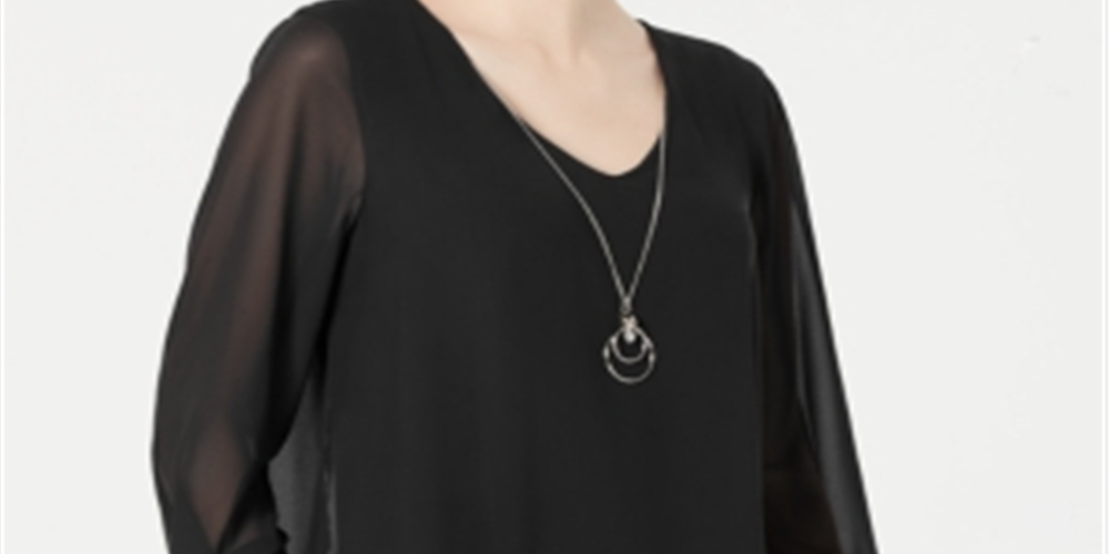 JM Collection Top de chiffon com punho e gravata feminino, preto, tamanho pequeno P