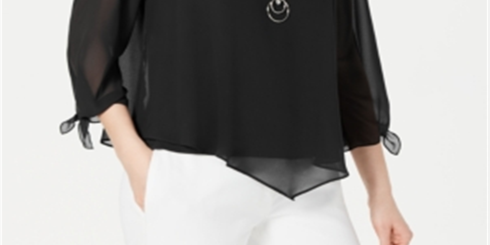 JM Collection Top de chiffon com punho e gravata feminino, preto, tamanho pequeno P