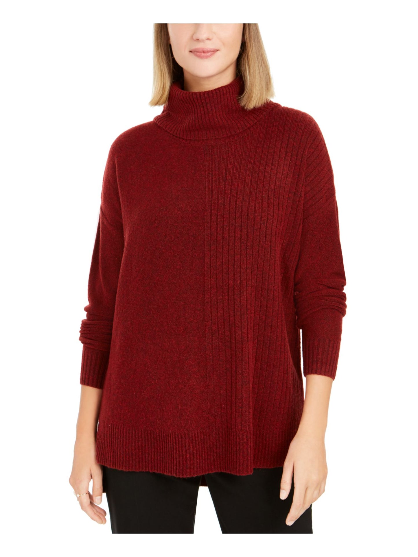 Suéter feminino texturizado canelado, manga comprida, gola alta, vermelho, tamanho pequeno