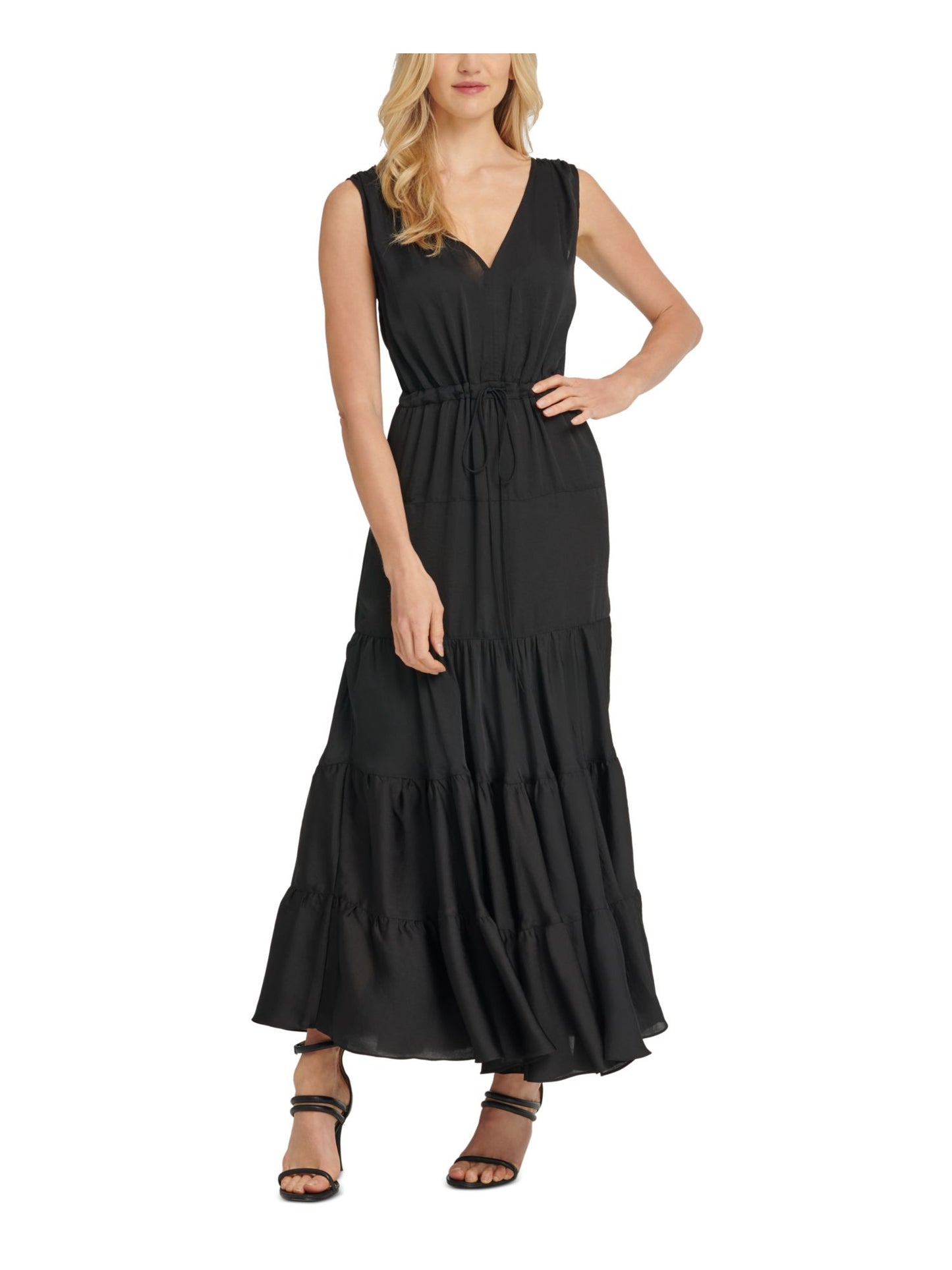 Vestido longo feminino DKNY com amarração na cintura e camadas, preto, tamanho extragrande