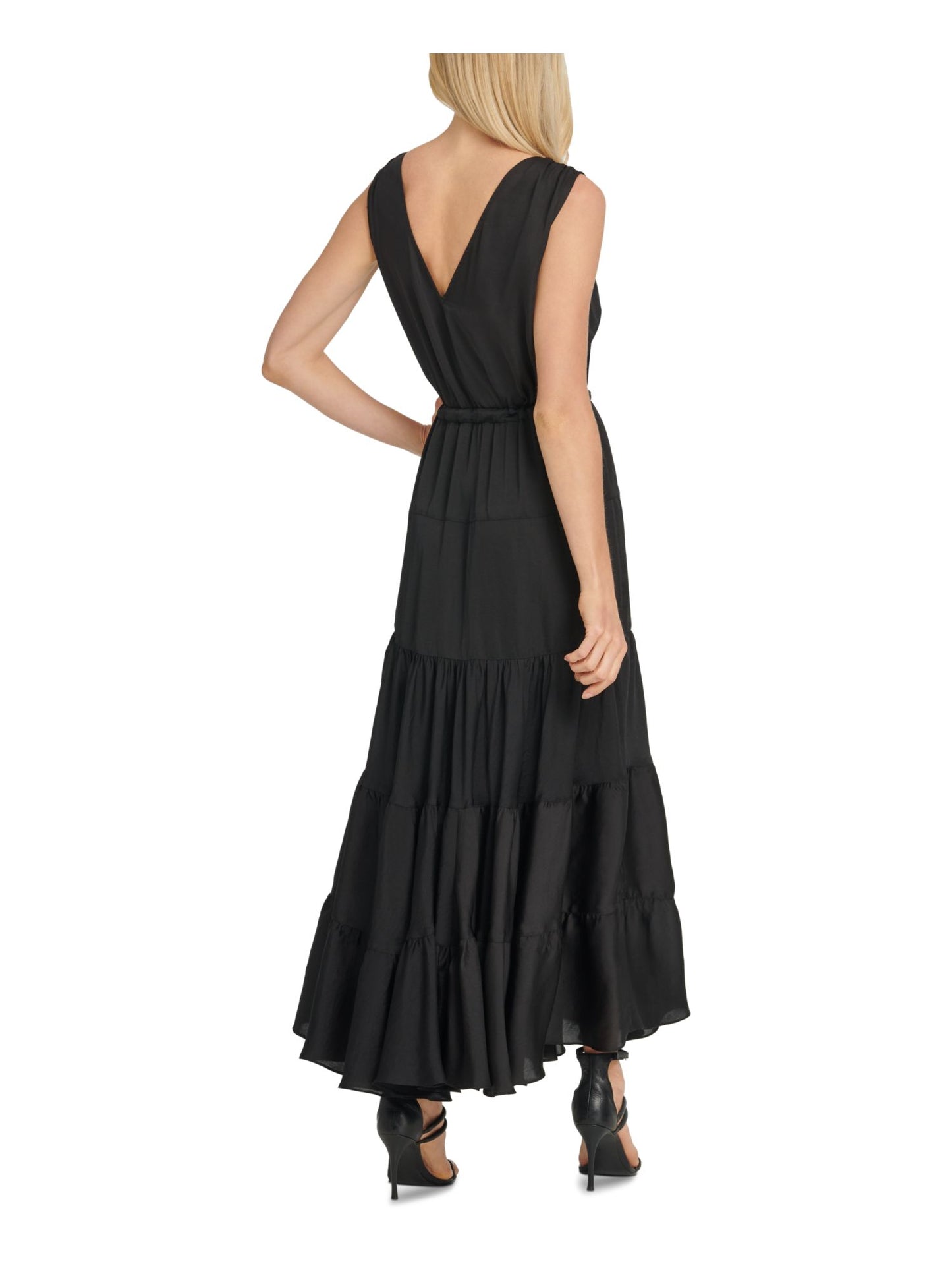 Vestido longo feminino DKNY com amarração na cintura e camadas, preto, tamanho extragrande