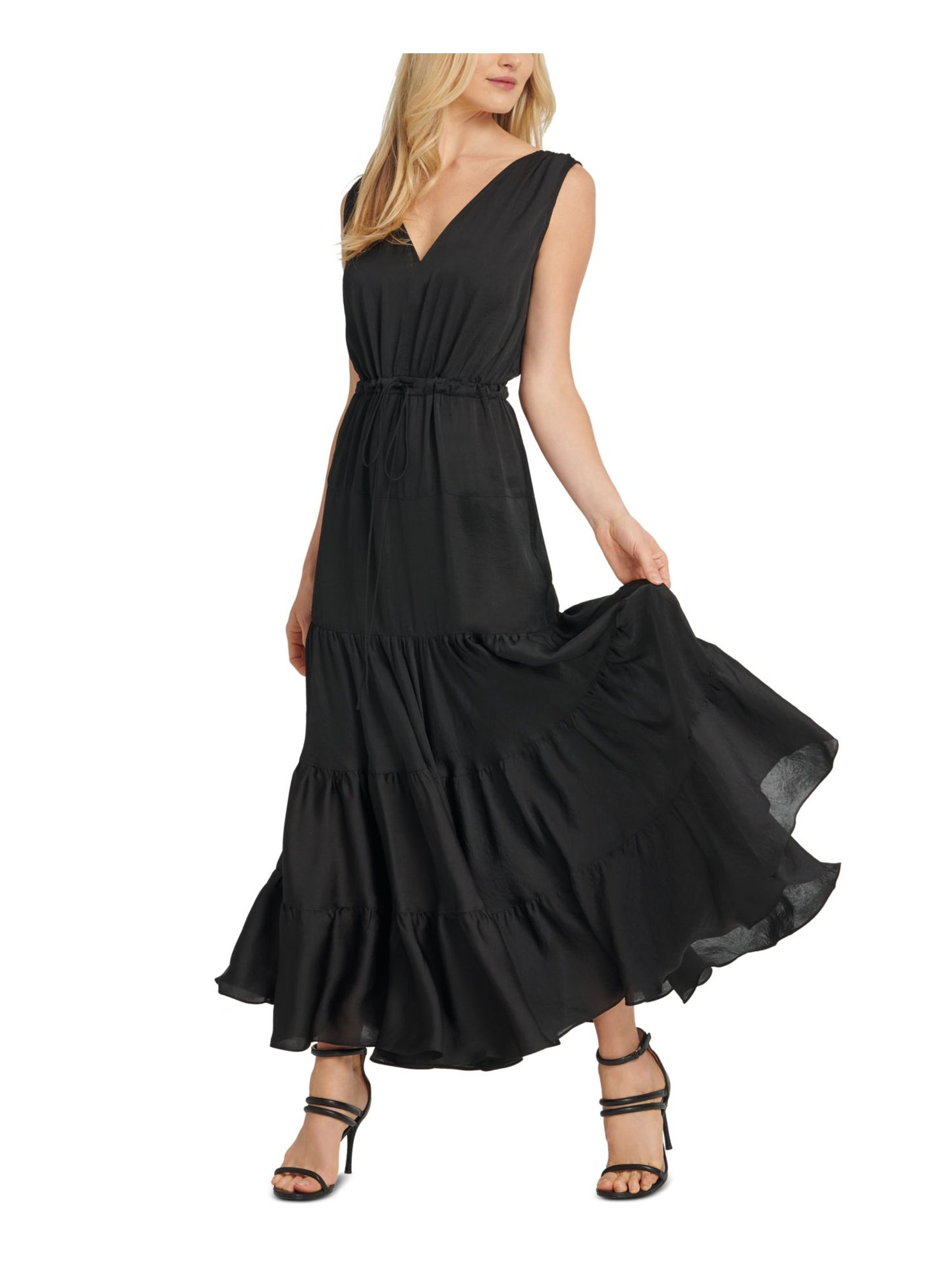 Vestido longo feminino DKNY com amarração na cintura e camadas, preto, tamanho extragrande