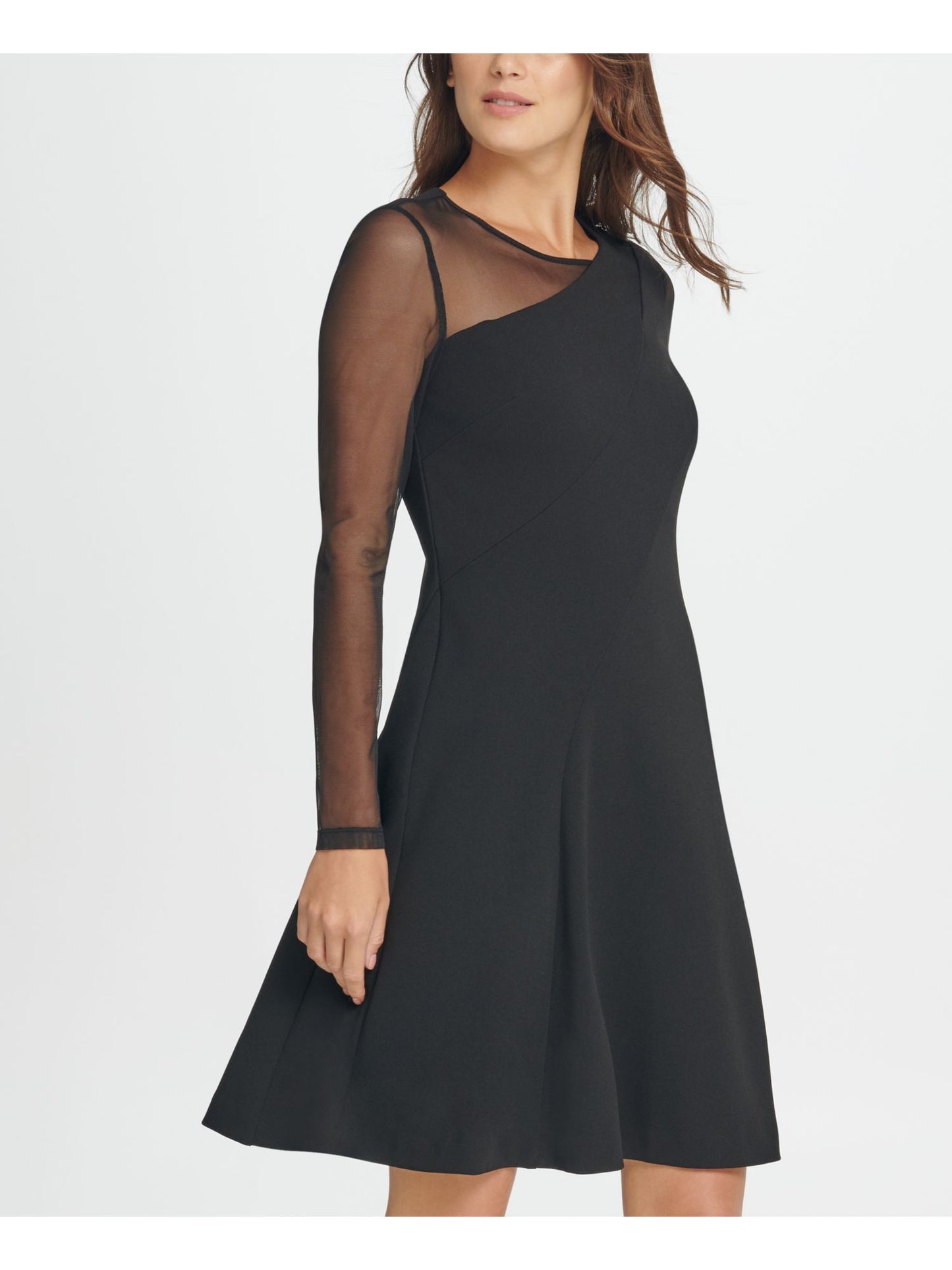 Blusa feminina DKNY de manga comprida com decote em joia e ajuste curto, estilo flare, preta, tamanho 12