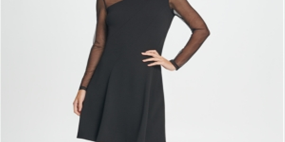 Blusa feminina DKNY de manga comprida com decote em joia e ajuste curto, estilo flare, preta, tamanho 12