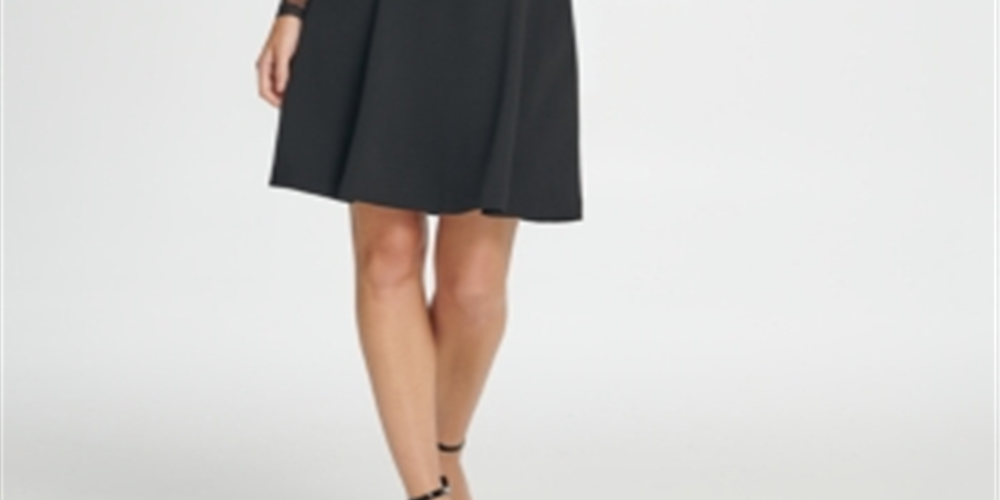Blusa feminina DKNY de manga comprida com decote em joia e ajuste curto, estilo flare, preta, tamanho 12