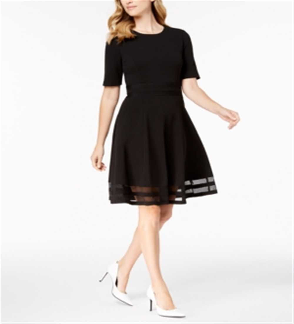 Vestido Calvin Klein Feminino Manga Cotovelo com Detalhe de Ilusão Preto Tamanho 6 Petite