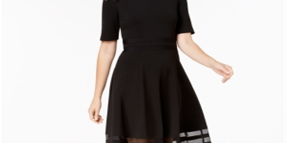 Vestido Calvin Klein Feminino Manga Cotovelo com Detalhe de Ilusão Preto Tamanho 6 Petite
