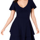 Vestido feminino B Darlin com decote em V franzido e zíper nas costas, azul-marinho, tamanho 15/16