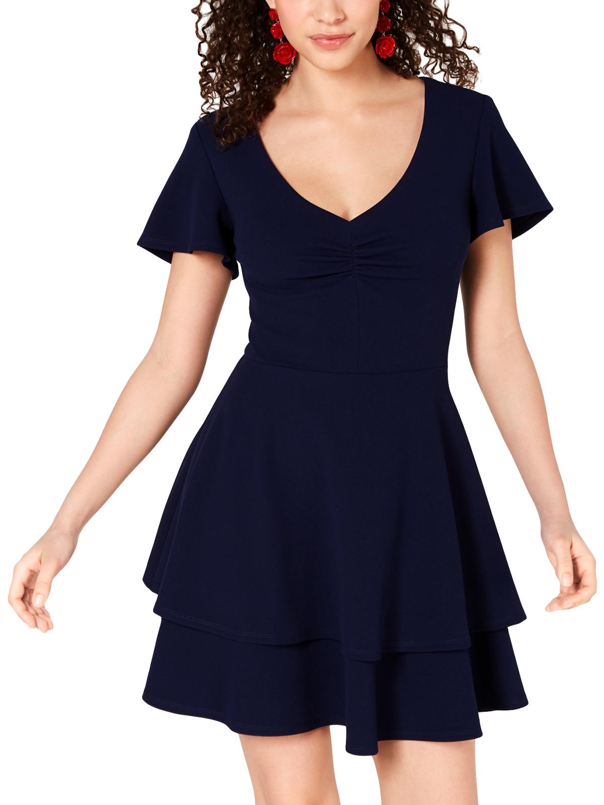 Vestido feminino B Darlin com decote em V franzido e zíper nas costas, azul-marinho, tamanho 15/16