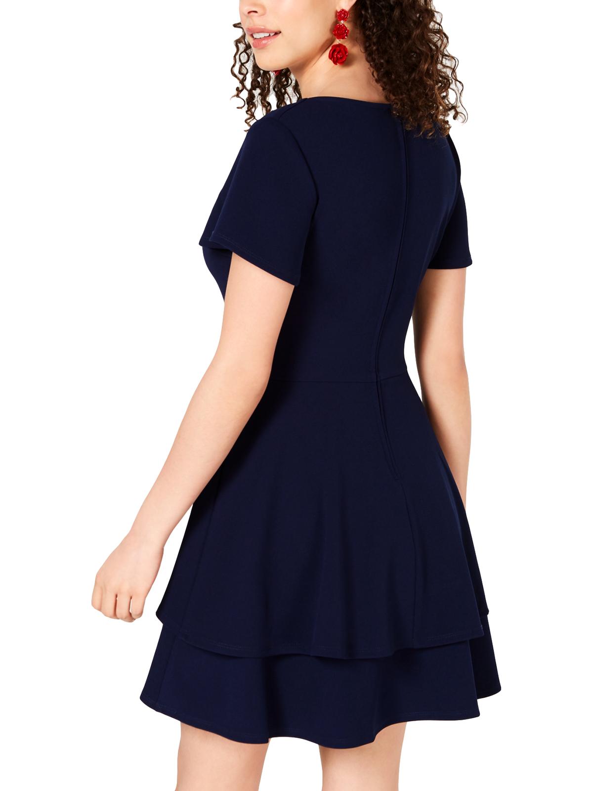 Vestido feminino B Darlin com decote em V franzido e zíper nas costas, azul-marinho, tamanho 15/16