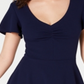 Vestido feminino B Darlin com decote em V franzido e zíper nas costas, azul-marinho, tamanho 15/16