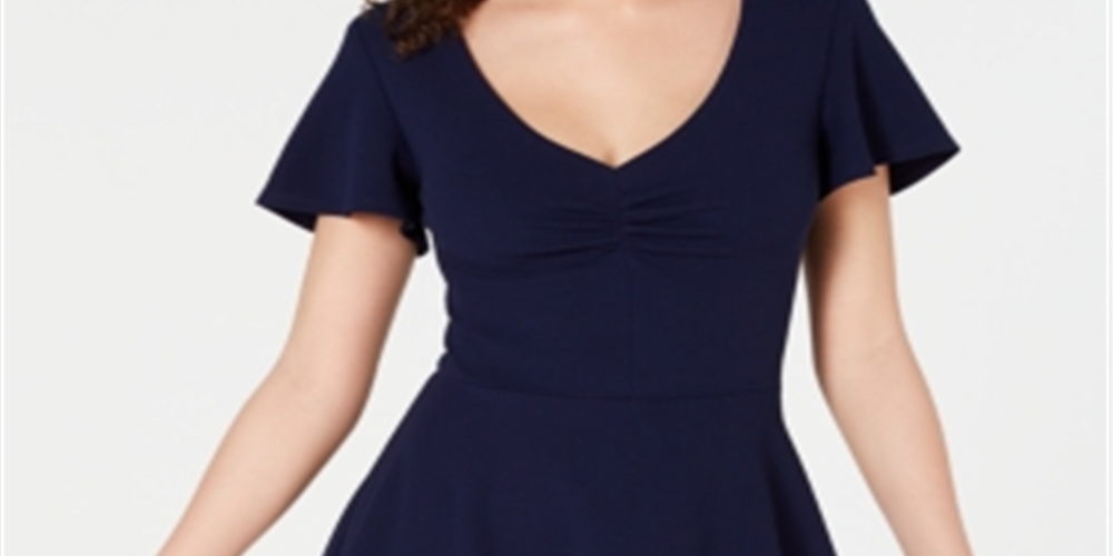 Vestido feminino B Darlin com decote em V franzido e zíper nas costas, azul-marinho, tamanho 15/16