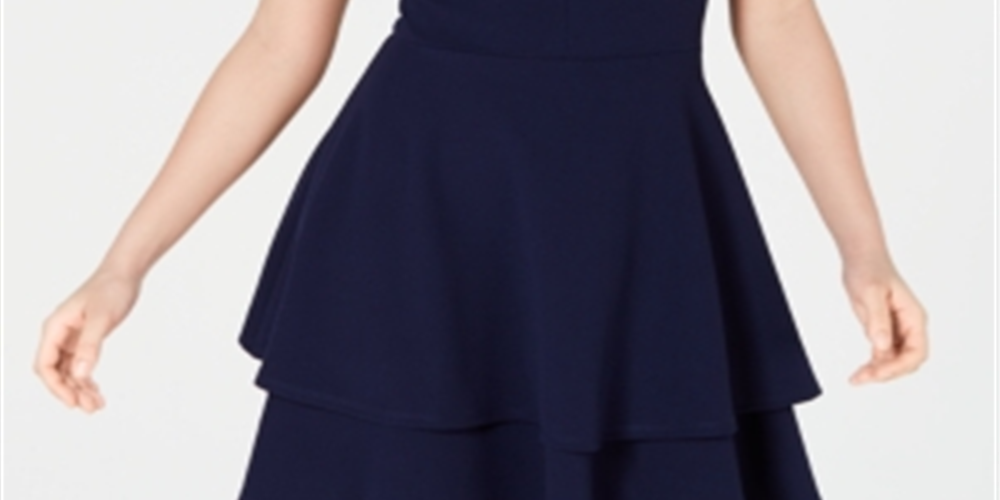 Vestido feminino B Darlin com decote em V franzido e zíper nas costas, azul-marinho, tamanho 15/16