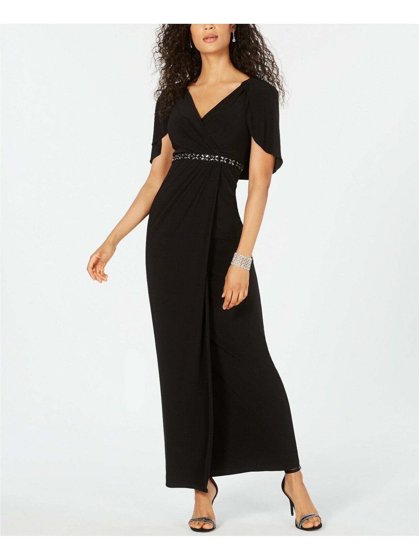 Vestido longo de festa feminino Adrianna Papell, com fenda, manga curta, decote em V, comprimento total, preto, tamanho 4