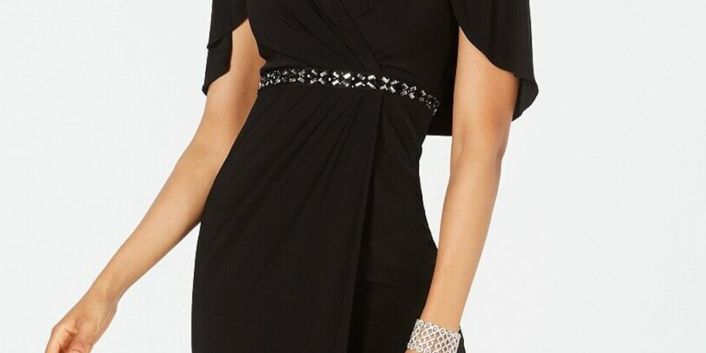 Vestido longo de festa feminino Adrianna Papell, com fenda, manga curta, decote em V, comprimento total, preto, tamanho 4