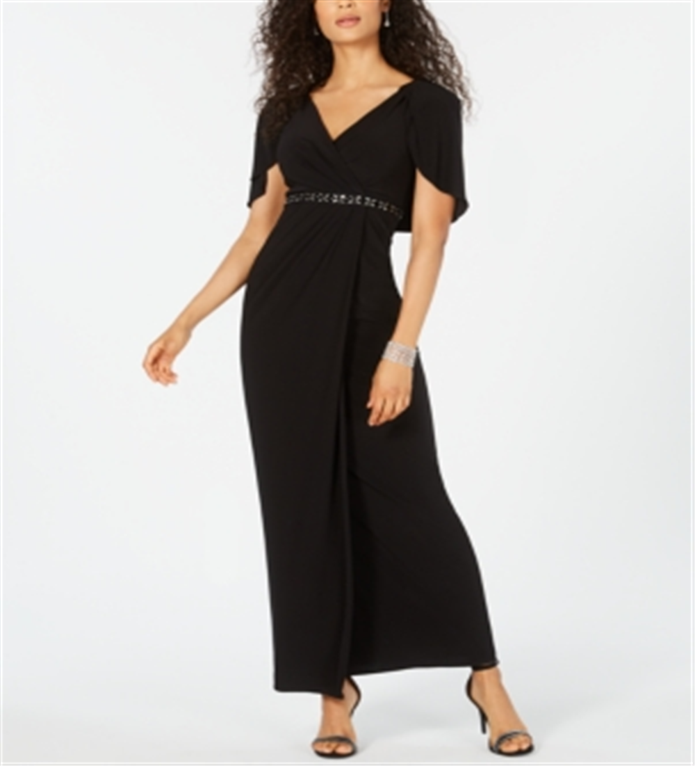 Vestido longo de festa feminino Adrianna Papell, com fenda, manga curta, decote em V, comprimento total, preto, tamanho 4
