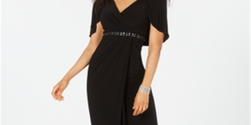 Vestido longo de festa feminino Adrianna Papell, com fenda, manga curta, decote em V, comprimento total, preto, tamanho 4