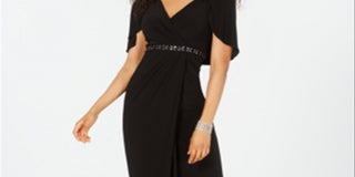 Adrianna Papell Women's Slitted Short Sleeve V Neck Full Length Evening Fit Flare Dress Black Size 4