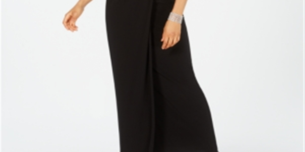 Vestido longo de festa feminino Adrianna Papell, com fenda, manga curta, decote em V, comprimento total, preto, tamanho 4