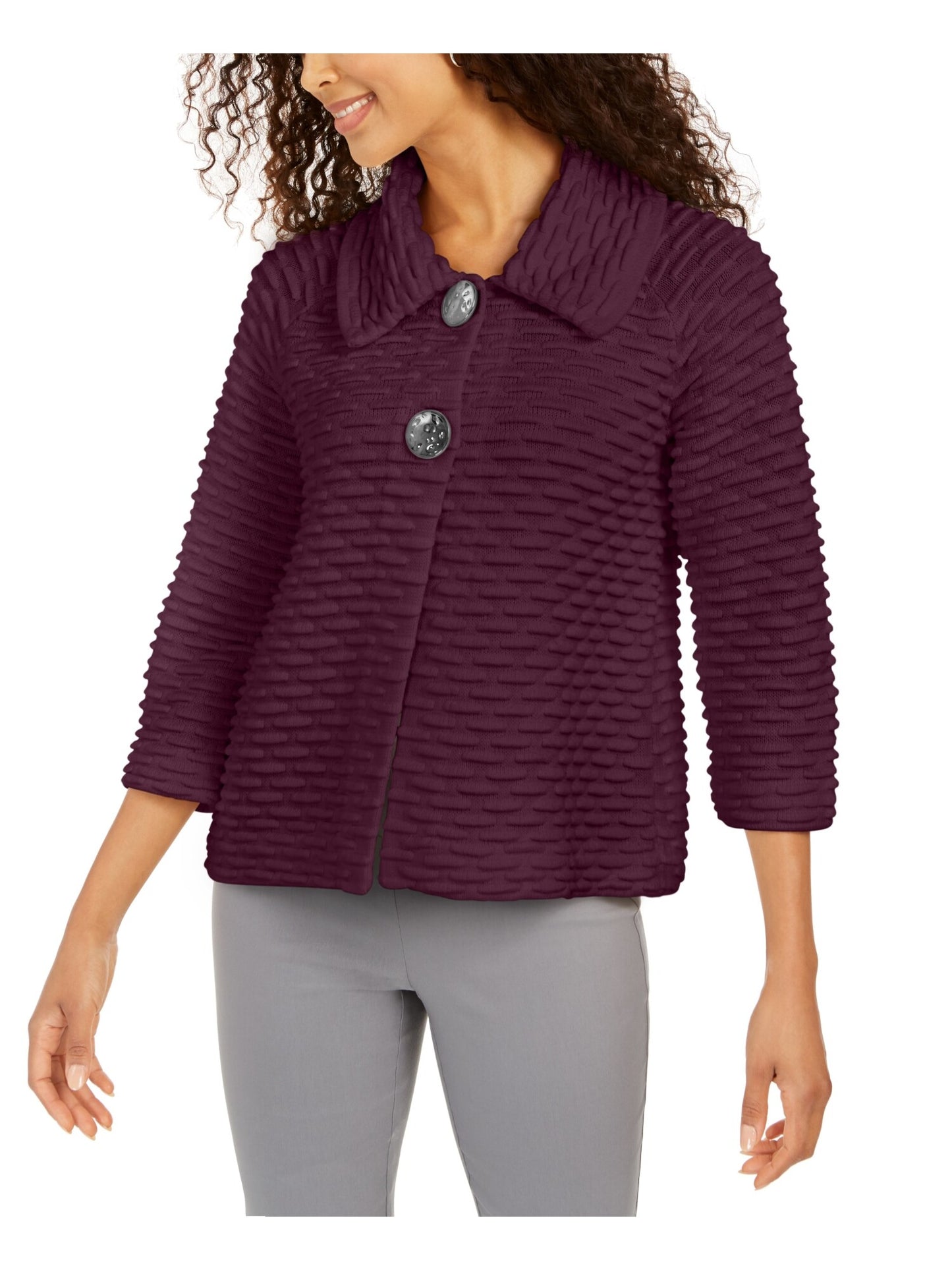 JM Collection Top texturizado feminino com dois botões frontais, roxo, tamanho pequeno