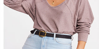 Blusa térmica feminina Free People Santa Clara com estampa de gola V, rosa, tamanho X-S