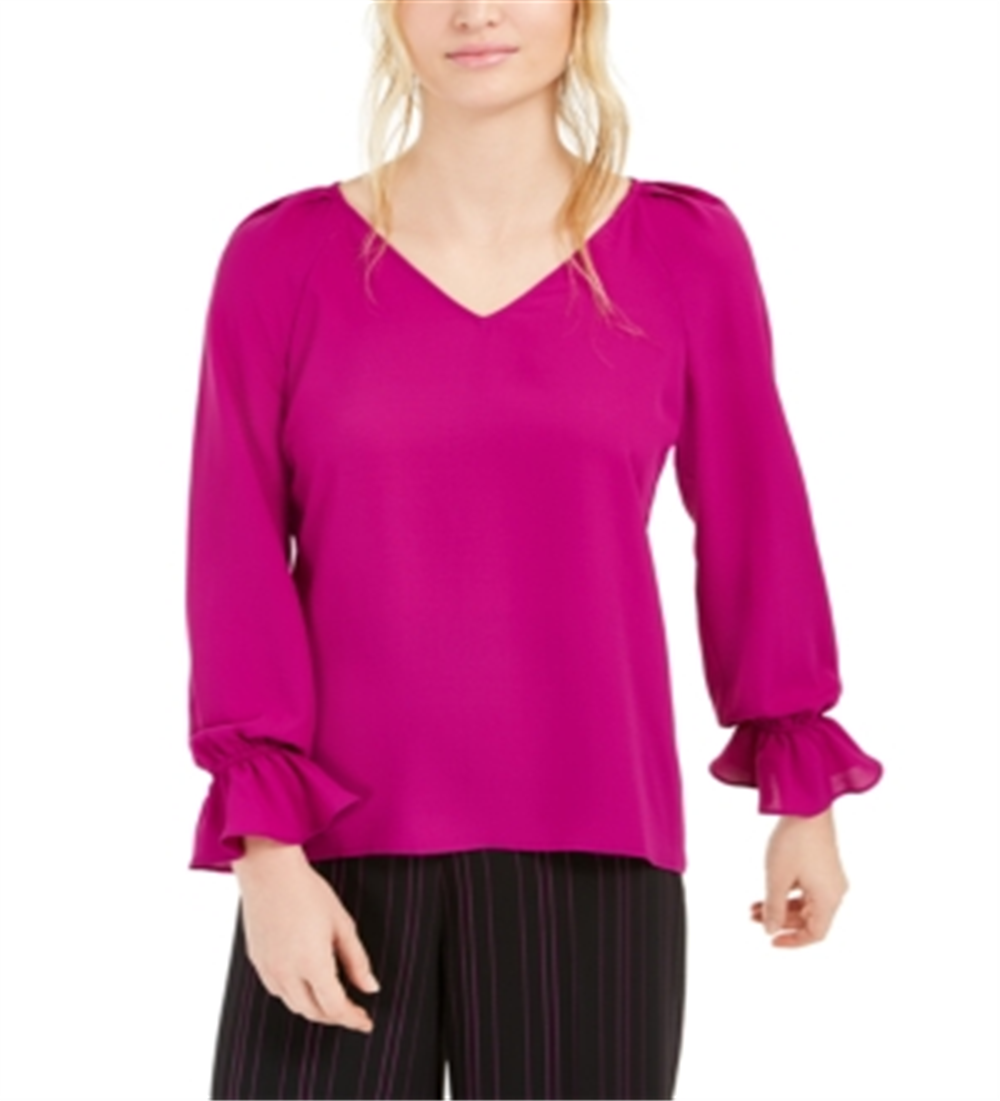 Blusa plissada feminina Bar III com manga sino, roxa, tamanho pequeno