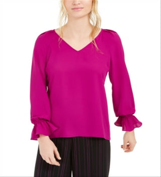 Blusa plissada feminina Bar III com manga sino, roxa, tamanho pequeno