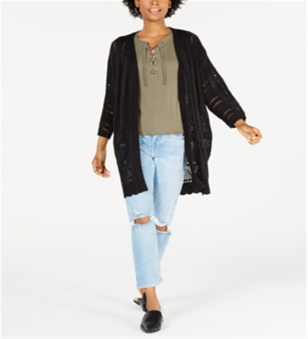 Cardigan Pointelle com frente aberta para crianças, tamanho G, preto