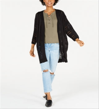 Cardigan Pointelle com frente aberta para crianças, tamanho G, preto