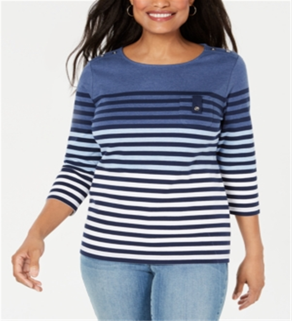 Karen Scott Sport Top Feminino Listrado Manga 3/4 Azul Tamanho X-S