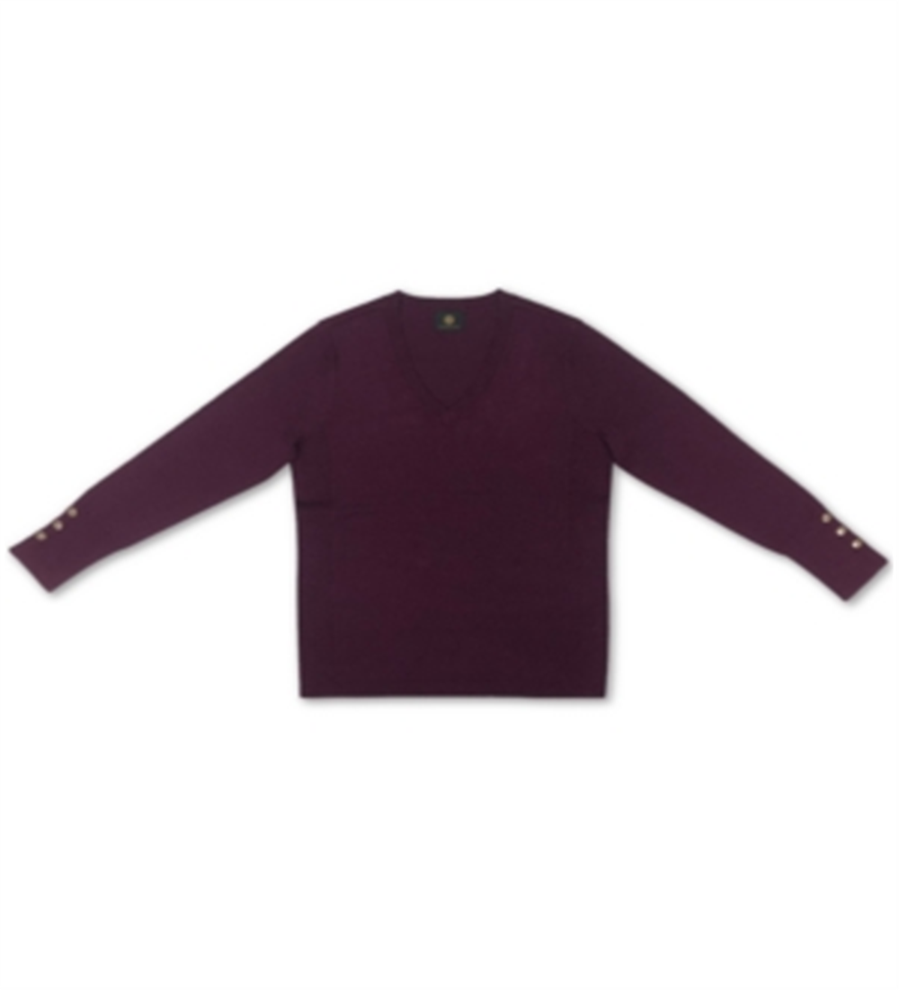JM Collection Suéter Feminino com Punhos e Botões, Gola V, Roxo, Tamanho Médio