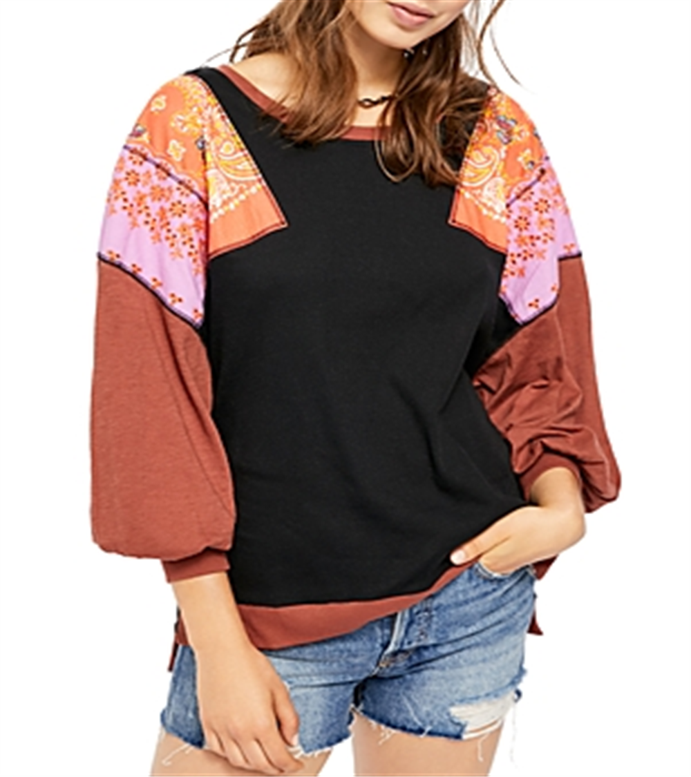Camiseta feminina Feelin It Boho Patchwork da Free People, preta, tamanho X-S