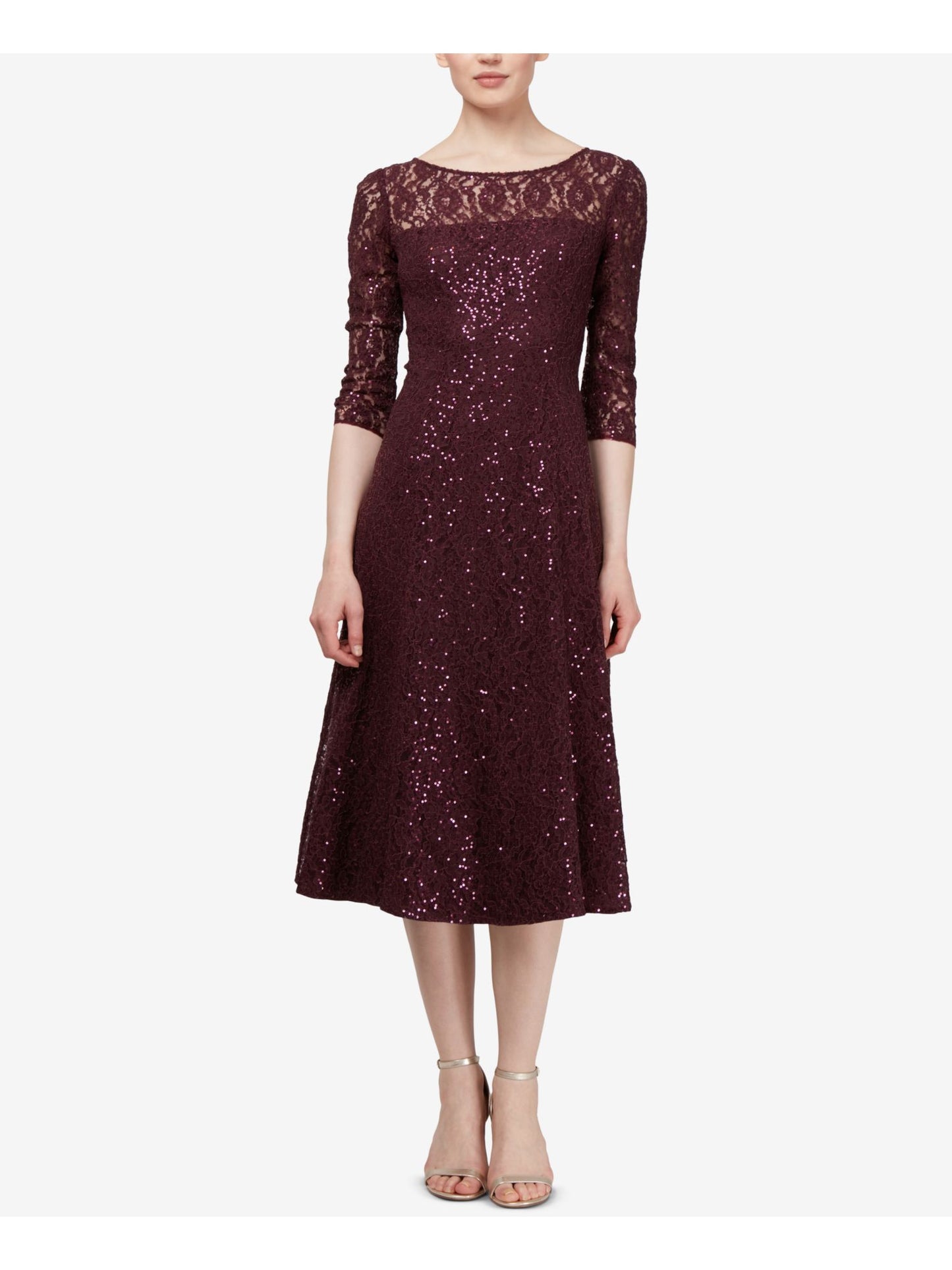Vestido de renda com lantejoulas e manga 3/4 da SL Fashions para mulheres - Preto, tamanho 10