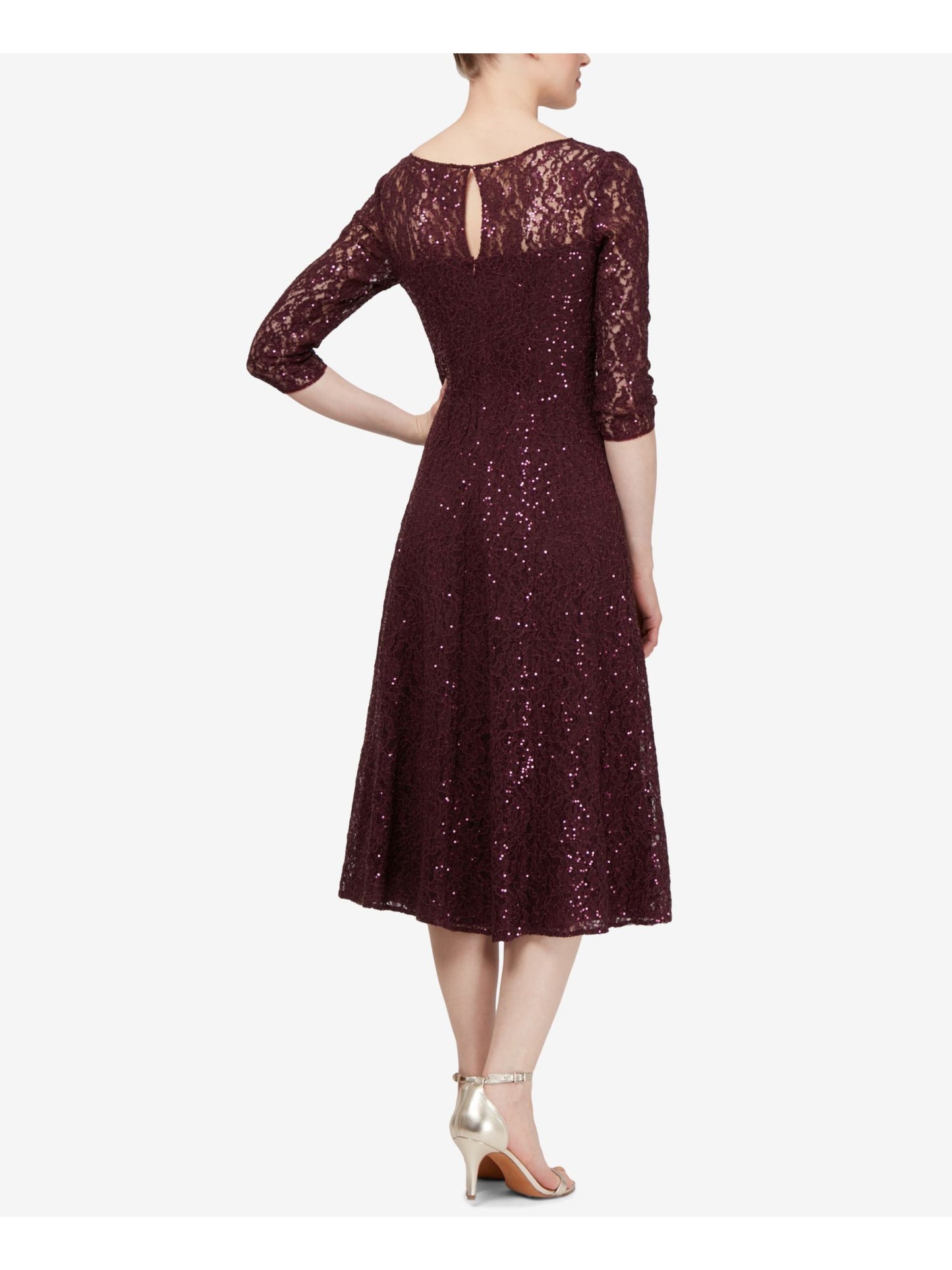 Vestido de renda com lantejoulas e manga 3/4 da SL Fashions para mulheres - Preto, tamanho 10