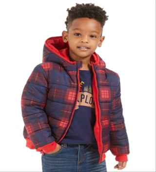 Epic Threads Little Boy's Plaid Reversible Water Resistant Hooded Puffer Jacket Red Size 7