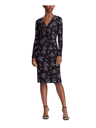Vestido envelope feminino Ralph Lauren com estampa floral, manga longa, decote em V, comprimento até o joelho, preto, tamanho 10