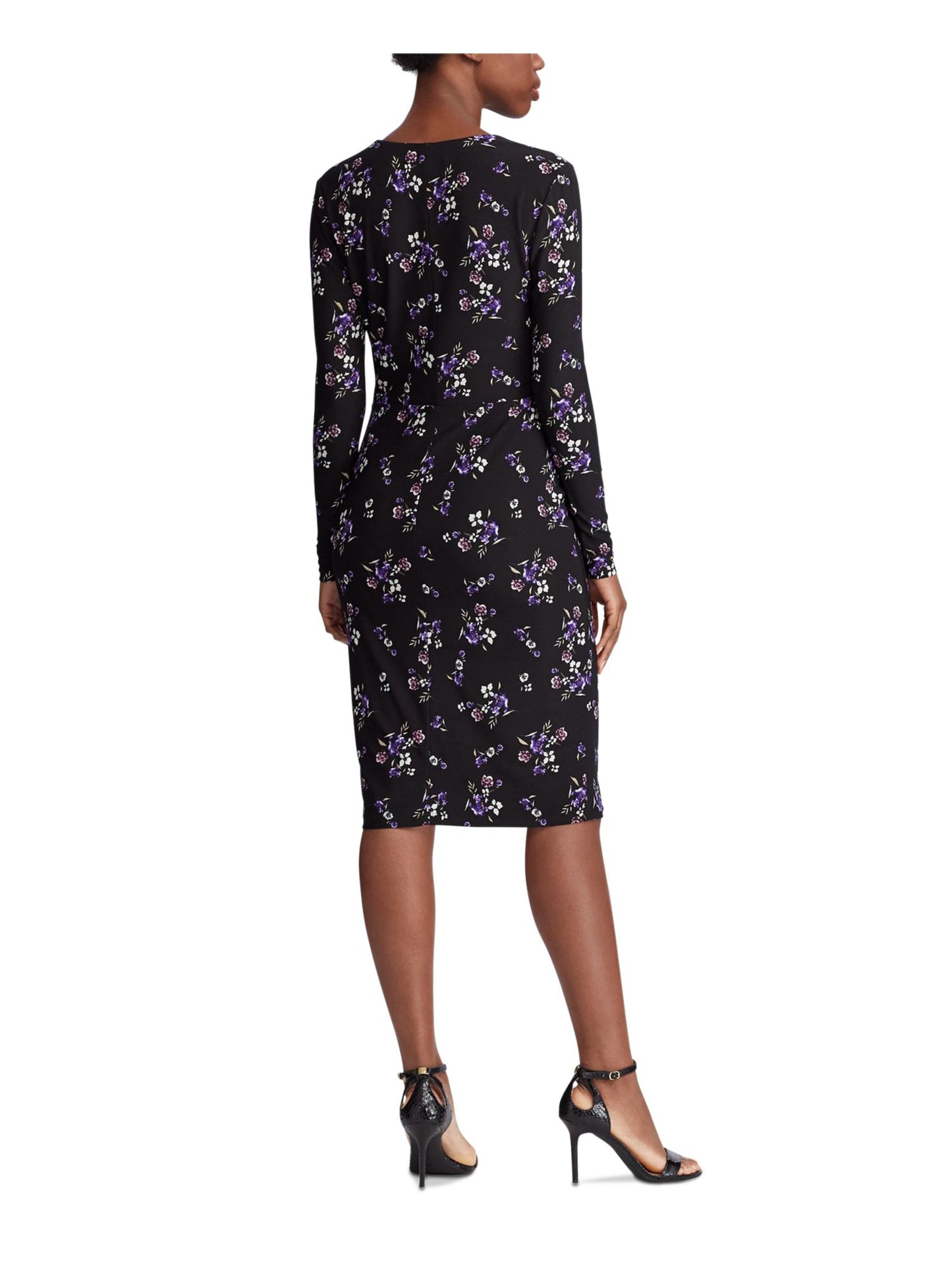 Vestido envelope feminino Ralph Lauren com estampa floral, manga longa, decote em V, comprimento até o joelho, preto, tamanho 10