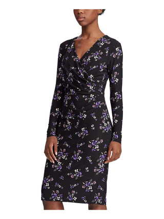 Vestido envelope feminino Ralph Lauren com estampa floral, manga longa, decote em V, comprimento até o joelho, preto, tamanho 10