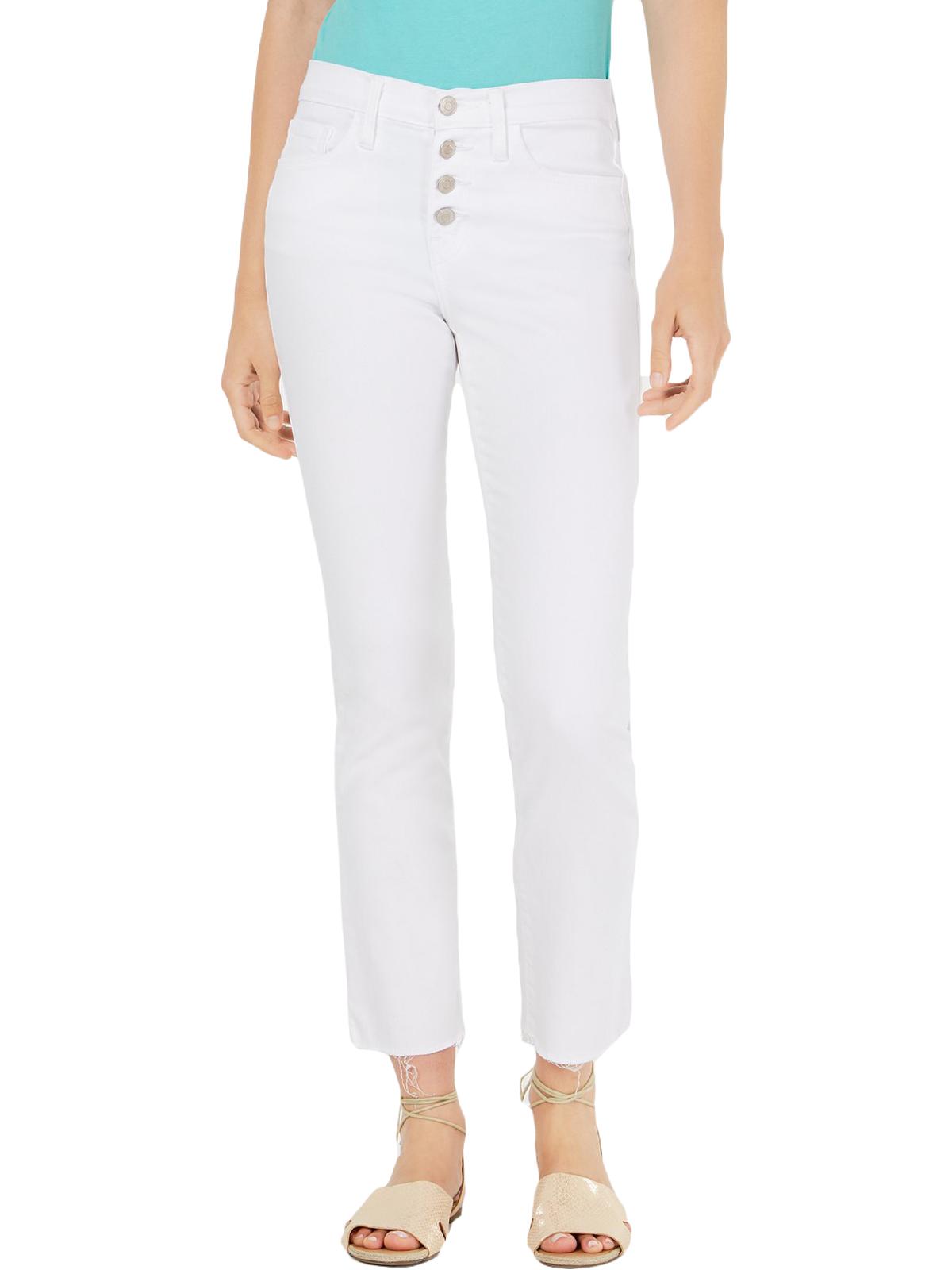 Calça jeans feminina Flying Monkey com botões e bainha crua, perna reta, branca, tamanho 28