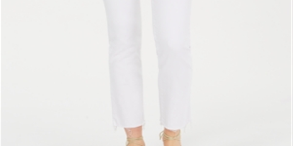 Calça jeans feminina Flying Monkey com botões e bainha crua, perna reta, branca, tamanho 28