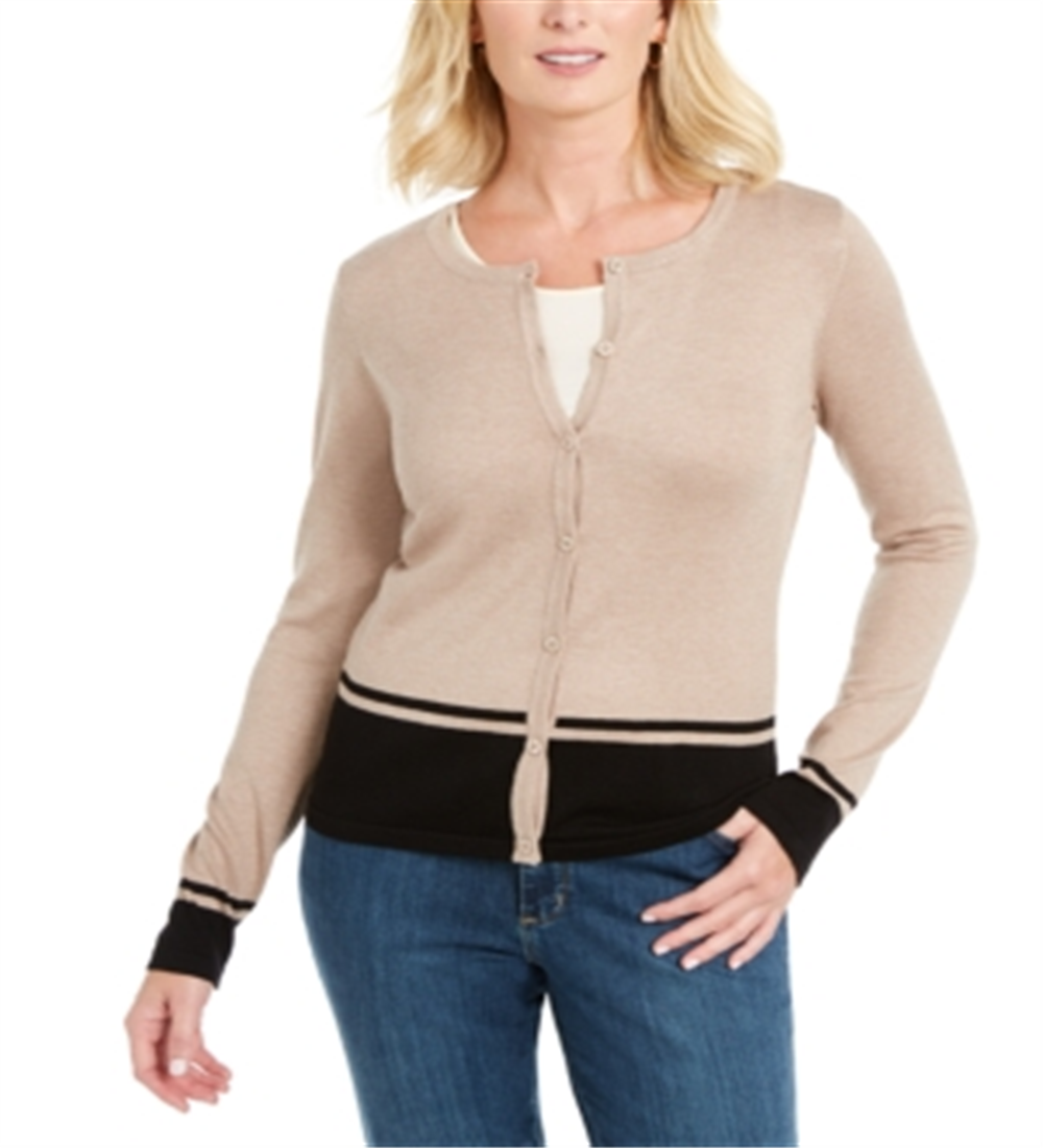 Karen Scott Cardigan Feminino com Barra Colorida Marrom Tamanho Pequeno GG