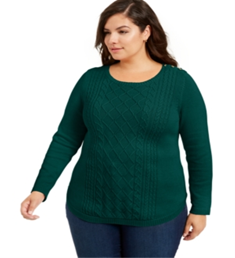 Suéter feminino Charter Club com acabamento canelado e mangas abotoadas, gola redonda, verde, tamanho 3X