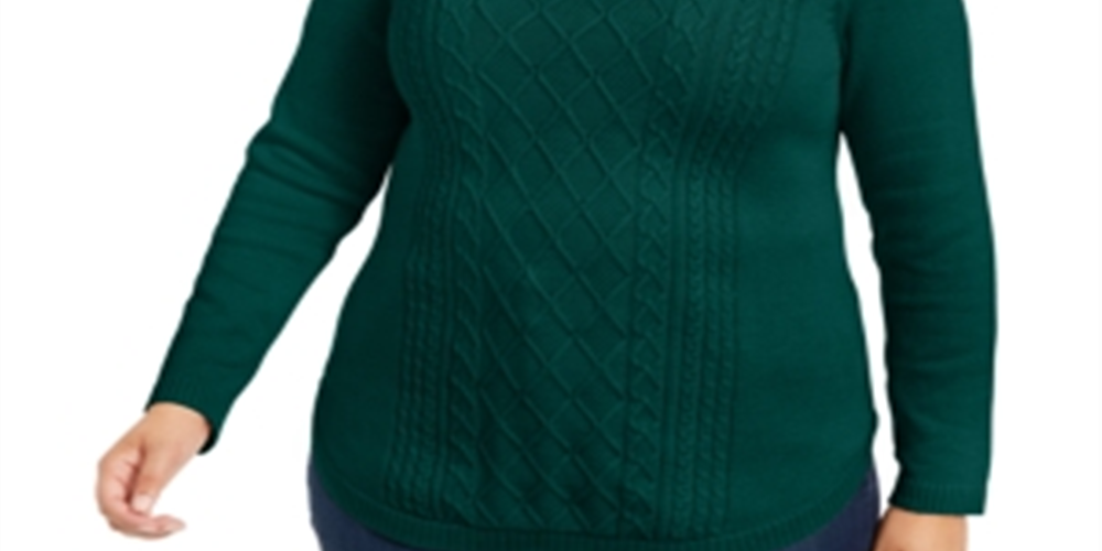 Suéter feminino Charter Club com acabamento canelado e mangas abotoadas, gola redonda, verde, tamanho 3X