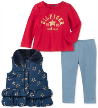Tommy Hilfiger Conjunto de 3 peças com babados, gola de pele sintética, colete, top e leggings com logotipo, azul, tamanho 6