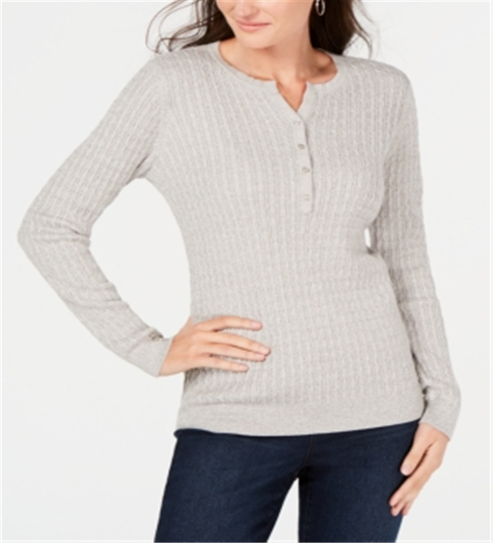 Karen Scott Suéter Henley de malha de algodão trançada feminino, cinza, tamanho pequeno P