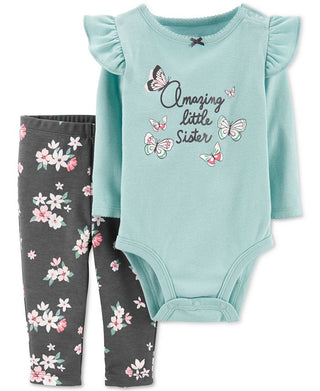 Body com babados e leggings florais Carter's Girl's 'Little Sister', azul-petróleo, tamanho 12 meses