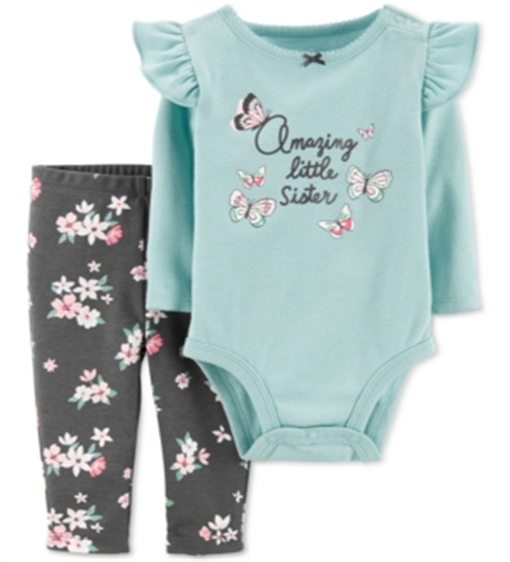 Body com babados e leggings florais Carter's Girl's 'Little Sister', azul-petróleo, tamanho 12 meses