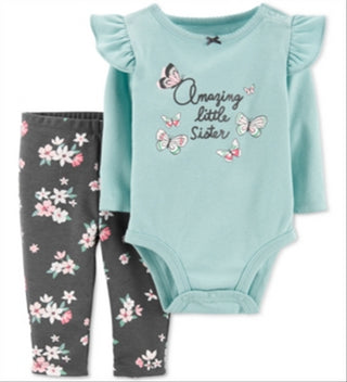 Body com babados e leggings florais Carter's Girl's 'Little Sister', azul-petróleo, tamanho 12 meses